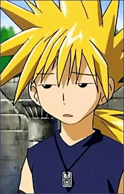 a cartoon character with yellow hair and a necklace with a pendant that says ' ao ' on it