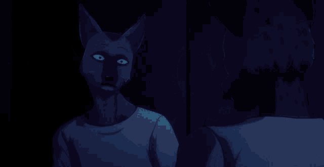 a cartoon drawing of a hyena talking to a man in a dark room