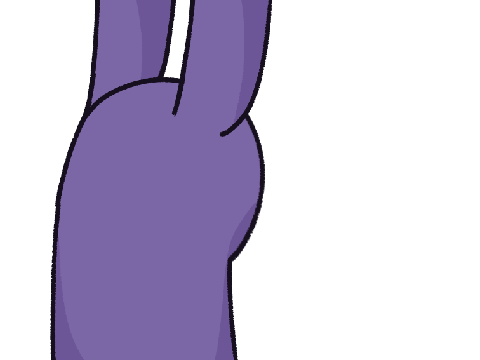 a purple cartoon character is giving the peace sign