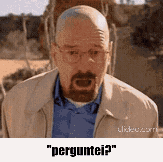 a man with glasses and a beard says " perguntei " in a foreign language