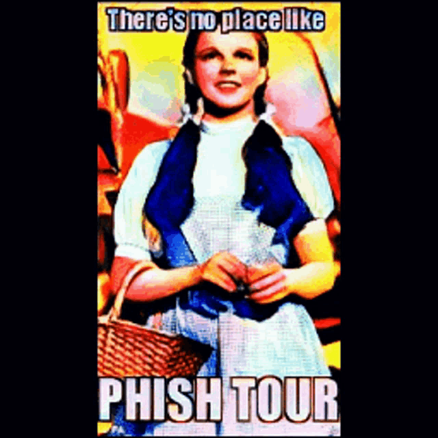 a poster of a woman with a basket that says phish tour on it