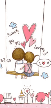 a drawing of a boy and a girl kissing on a swing with the words sweety loving you