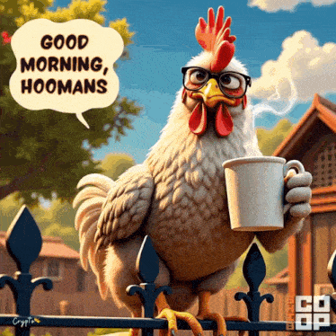 a rooster wearing glasses is holding a cup of coffee and says good morning hoomans