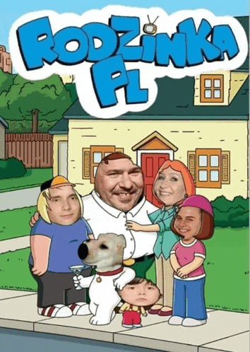 a cartoon of a family standing in front of a house with the words rodzinka fl on the top