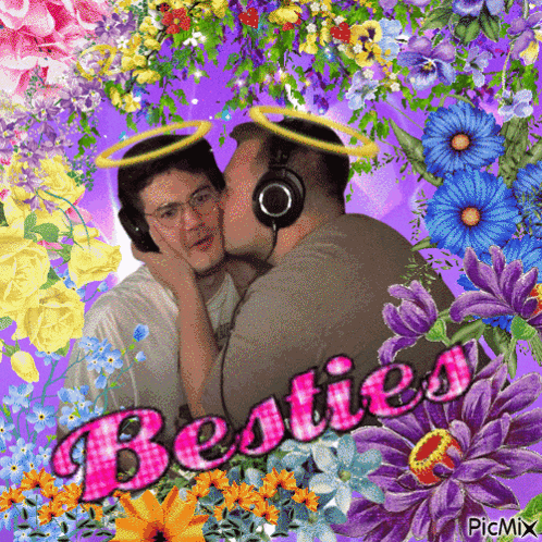 a picture of two men kissing with the words besties in pink