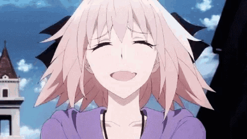 a close up of a anime girl with pink hair and a purple shirt .