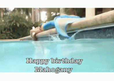a mermaid is swimming in a pool with the words happy birthday mahogany