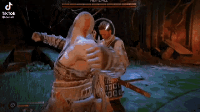 a video game character is holding a large axe in a dark room with a blue light coming out of it .