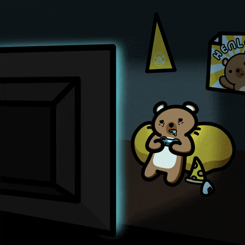 a cartoon drawing of a teddy bear playing a video game with a sign that says hello