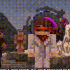 a minecraft character with a purple hat is standing in front of a waterfall .
