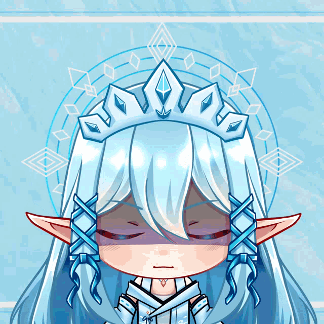 a girl with long blue hair and a crown on her head