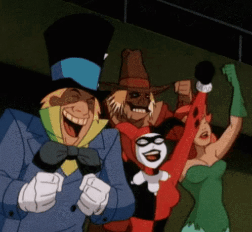 a group of cartoon characters including harley quinn and scarecrow are laughing
