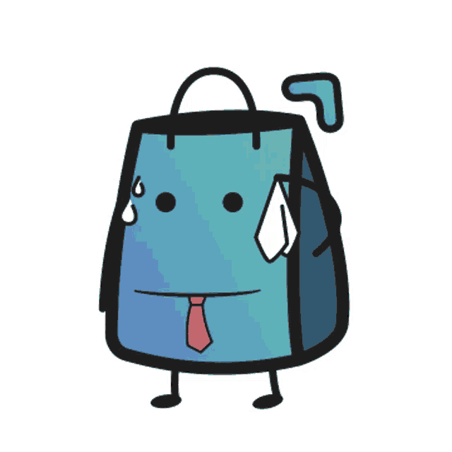 a cartoon drawing of a blue bag with a tie