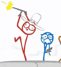 a red stick figure is holding a gun while a blue stick figure is holding a knife .