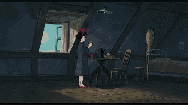 a girl in a purple dress is standing in an attic