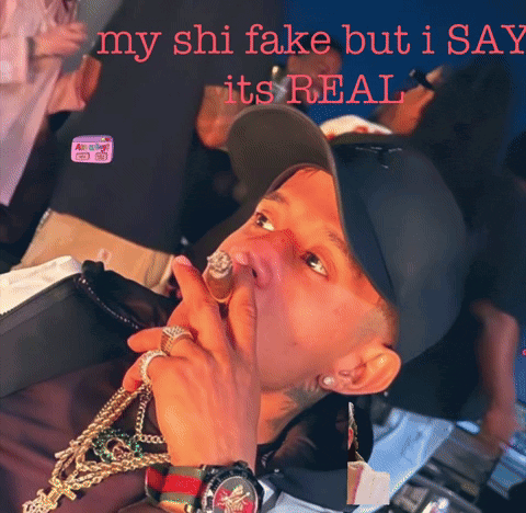 a man wearing a hat and a watch with the words " my shi fake but i say its real " above him