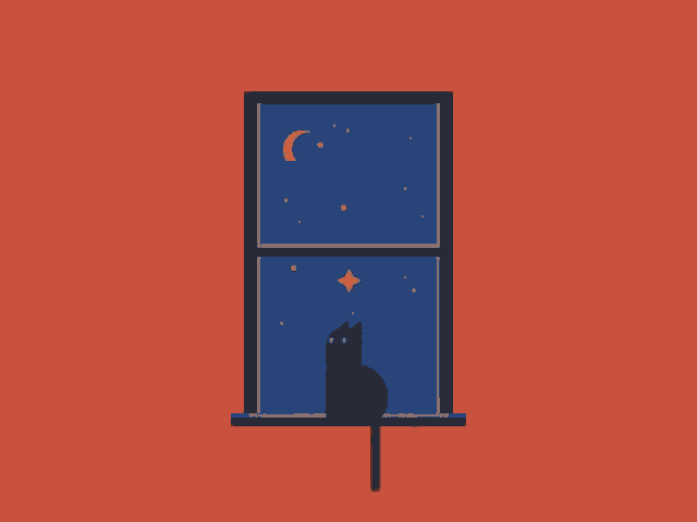 a cat is sitting on a window sill looking out at the night sky