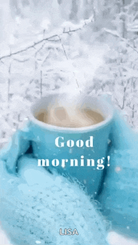 a person is holding a cup of coffee in the snow .