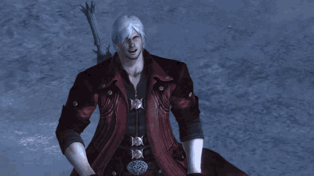 a man with white hair and a red jacket is holding a gun
