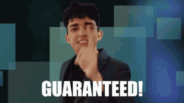a man in a suit giving the middle finger in front of the word guaranteed