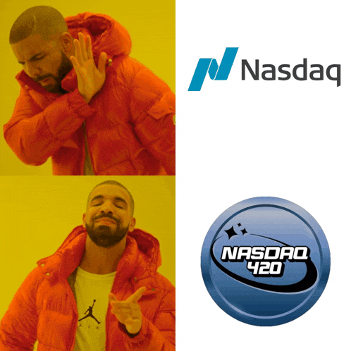 a man in an orange jacket points to a nasdaq 420 logo