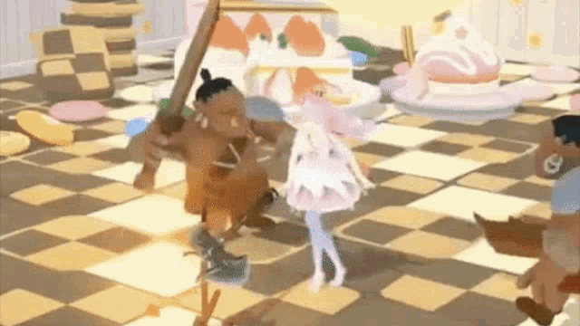a group of cartoon characters are dancing on a checkered floor in a video game .
