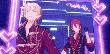 a couple of anime characters are standing next to each other in front of a neon sign that says love also .