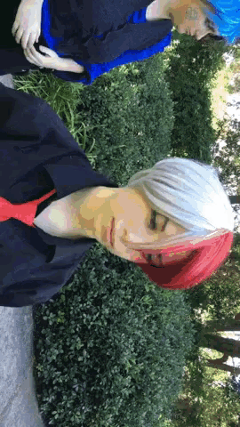a person with red and white hair is standing next to a person with blue hair