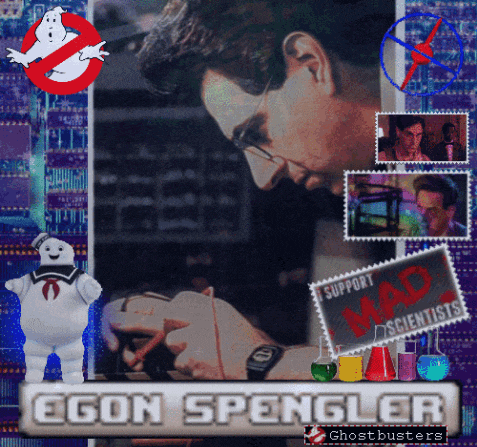 a poster for egon spengler shows a man working on a machine