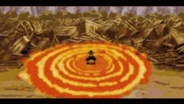 a man is standing in a circle of fire surrounded by a pile of money .