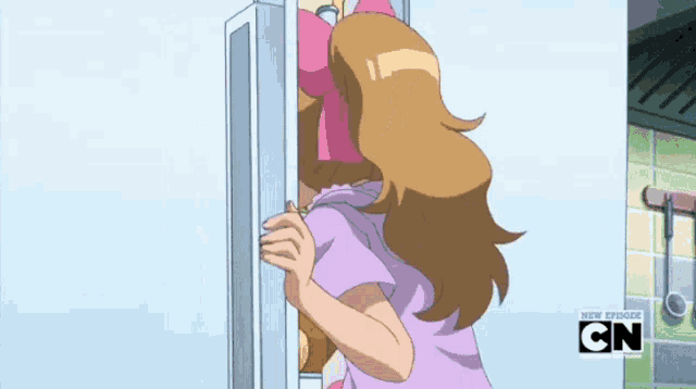 a cartoon of a girl opening a refrigerator with the cn logo on the bottom