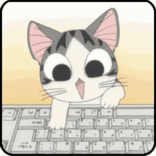 a cartoon cat is typing on a keyboard with the shift key visible