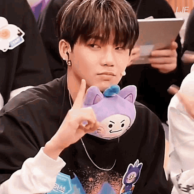 a young man holds a stuffed animal with a cat on it in front of his face