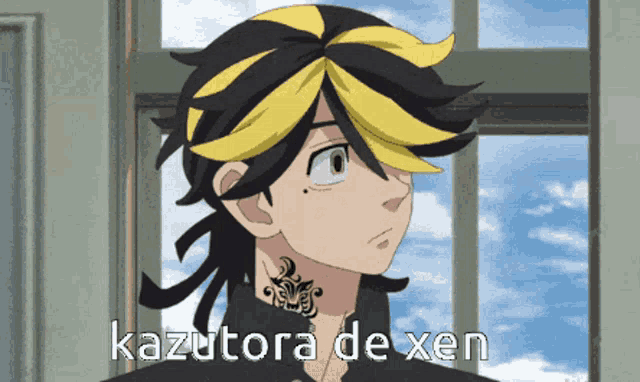 a black and yellow anime character with the words kazutora de xen on the bottom right