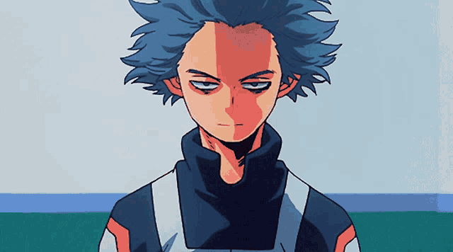 a cartoon character with blue hair and a turtleneck