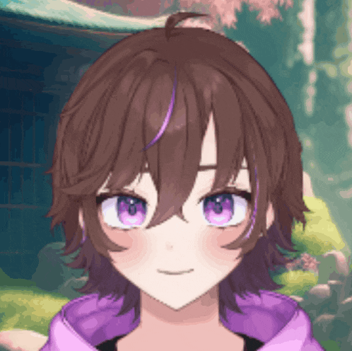a girl with short brown hair and purple eyes is wearing a purple jacket