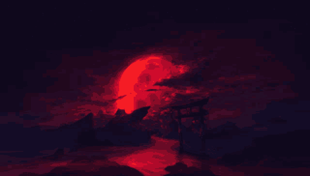 a painting of a landscape with a red moon behind a torii gate