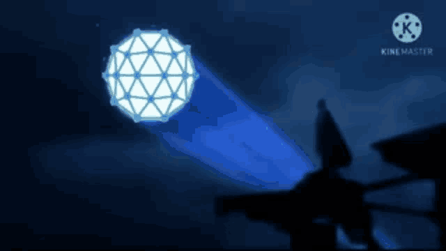 a silhouette of a person standing in front of a blue light coming from a sphere