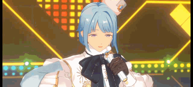 a girl with blue hair is holding a microphone and wearing a white hat .
