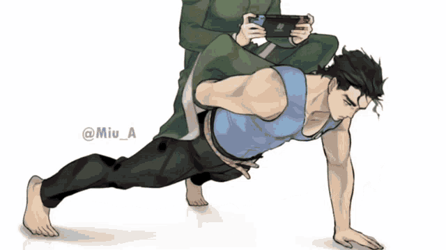 a drawing of a man doing push ups with a woman holding a nintendo switch
