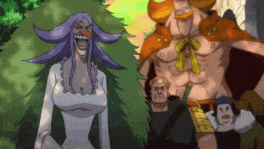 a group of cartoon characters including a woman with purple hair and a man with a beard