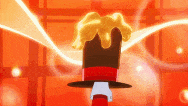 a cartoon character is wearing a top hat with a yellow liquid coming out of the top