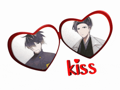 two hearts with a picture of a man and the word kiss below them