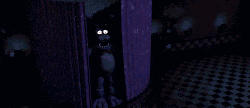 a purple bunny is standing in a dark room