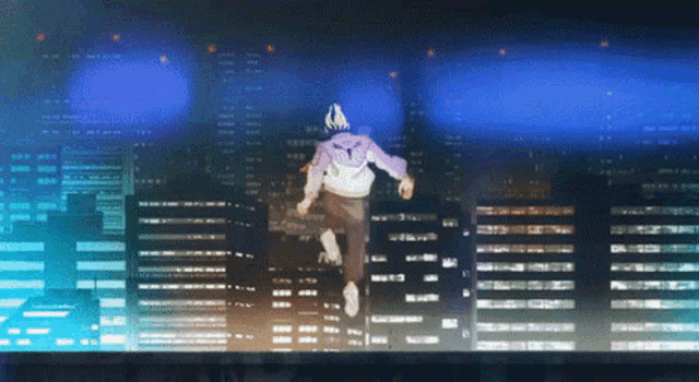 a person in a purple hoodie is jumping over a city at night