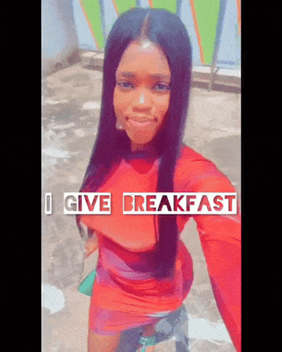 a woman in a red dress is taking a selfie with the words `` i give breakfast '' on the bottom .