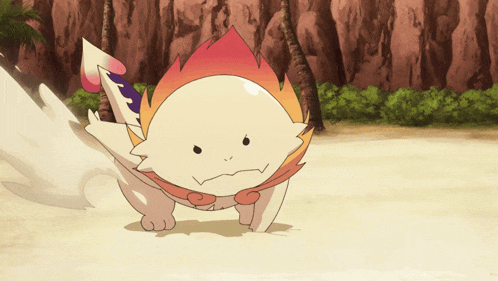 a cartoon character with a flame on its head is standing on a sandy beach