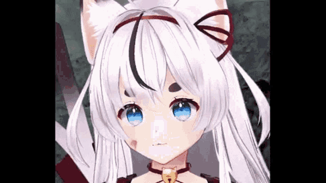 a close up of a 3d anime girl with white hair and blue eyes .