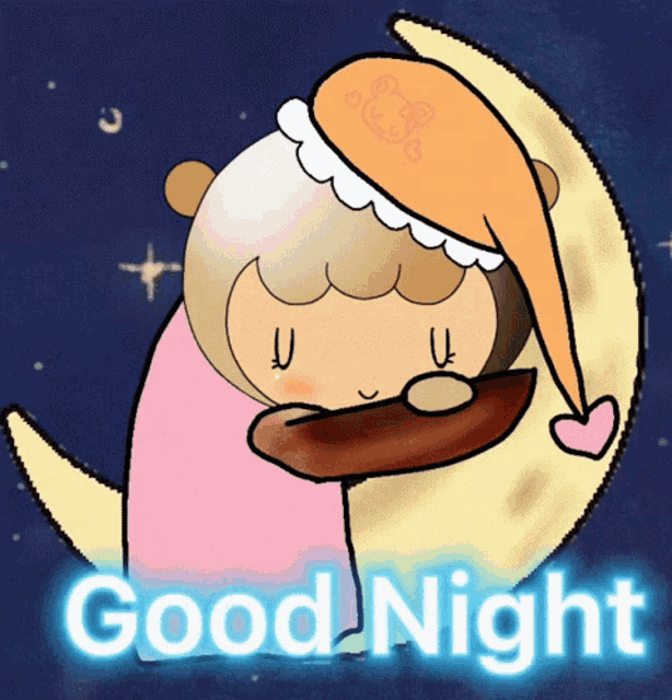 a cartoon of a girl sleeping on a crescent moon with the words good night written below her