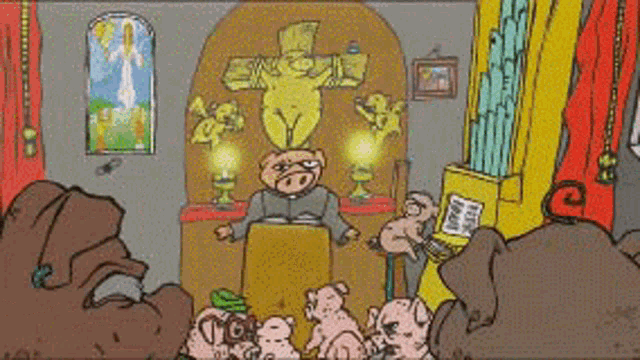 a group of pigs are gathered around a priest in a church .